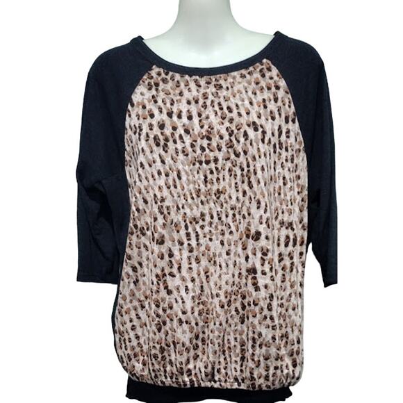 Ann Taylor LOFT Raglan Sleeve Animal Print Top, Gray, Biege, Brown, Sz XS - Picture 1 of 5